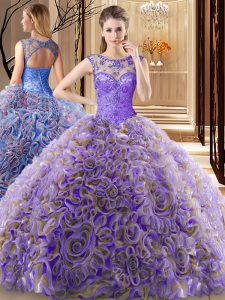Noble Multi-color Fabric With Rolling Flowers Lace Up Scoop Sleeveless Court Dresses for Sweet 16 Brush Train Beading