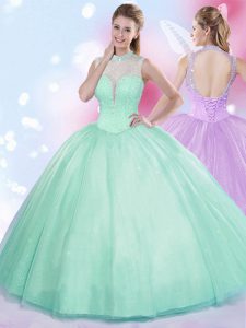 Custom Fit High-neck Sleeveless Tulle Sweet 16 Dresses Beading Lace Up
