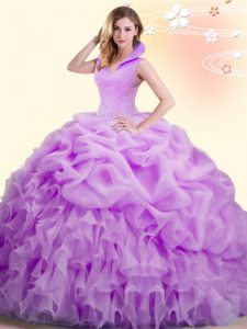 Backless Floor Length Lilac Quince Ball Gowns Organza Sleeveless Beading and Appliques and Pick Ups