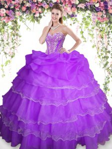Perfect Pick Ups Ruffled Purple Sleeveless Organza Lace Up 15 Quinceanera Dress for Military Ball and Sweet 16 and Quinceanera