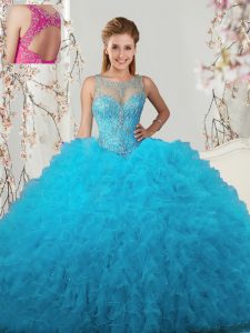 Shining Scoop Tulle Sleeveless Floor Length Ball Gown Prom Dress and Beading and Ruffles