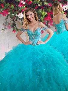 Fabulous Off the Shoulder Sleeveless Floor Length Beading and Ruffles Lace Up Quinceanera Gown with Teal