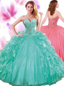 Simple Pick Ups Turquoise Sleeveless Organza Lace Up Ball Gown Prom Dress for Military Ball and Sweet 16 and Quinceanera