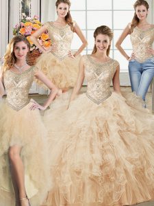 On Sale Four Piece Floor Length Champagne Sweet 16 Quinceanera Dress Scoop Sleeveless Lace Up