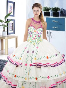 Exceptional Halter Top Organza and Taffeta Sleeveless Floor Length Sweet 16 Dress and Embroidery and Ruffled Layers