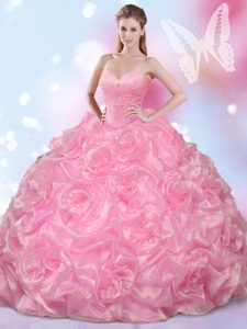 Sweetheart Sleeveless 15 Quinceanera Dress Floor Length Beading Rose Pink Fabric With Rolling Flowers