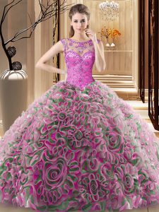 Multi-color 15 Quinceanera Dress Military Ball and Sweet 16 and Quinceanera and For with Beading Scoop Sleeveless Sweep Train Lace Up