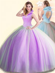 Lilac High-neck Backless Beading Quinceanera Dress Sleeveless