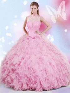 Halter Top Beading and Ruffles Quinceanera Dresses Rose Pink Lace Up Sleeveless Floor Length