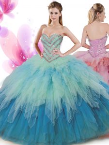 Custom Designed Sweetheart Sleeveless Tulle Casual Dresses Beading and Ruffles Lace Up