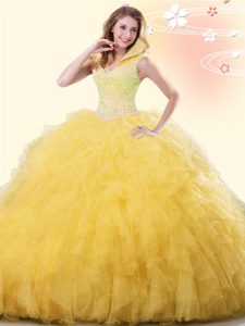 Backless Yellow Sleeveless Beading and Ruffles Floor Length 15 Quinceanera Dress
