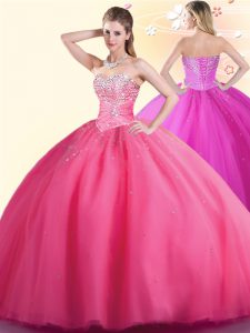 Flare Hot Pink Sleeveless Tulle Lace Up Quinceanera Dresses for Military Ball and Sweet 16 and Quinceanera