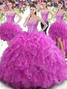 Spectacular Four Piece Fuchsia Tulle Lace Up Sweet 16 Dresses Sleeveless Floor Length Beading and Ruffles
