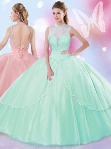 Tulle High-neck Sleeveless Lace Up Beading Teens Party Dress in Apple Green