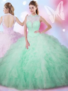 Dynamic Apple Green Sleeveless Tulle Lace Up Ball Gown Prom Dress for Military Ball and Sweet 16 and Quinceanera