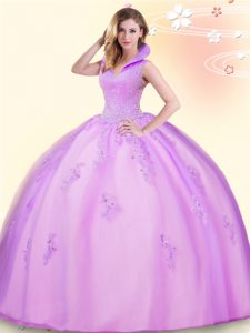 Comfortable Backless Floor Length Lilac Sweet 16 Quinceanera Dress Tulle Sleeveless Beading and Appliques