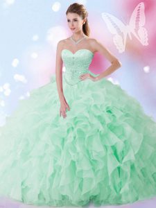 Floor Length Lace Up Quinceanera Gowns Apple Green for Military Ball and Sweet 16 and Quinceanera with Beading and Ruffles