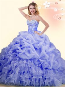 Sweetheart Sleeveless Quinceanera Dresses With Brush Train Beading and Ruffles and Pick Ups Lavender Organza
