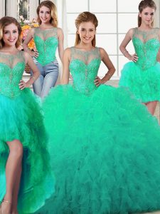 Cute Four Piece Turquoise Ball Gowns Scoop Sleeveless Tulle Floor Length Lace Up Beading and Ruffles 15th Birthday Dress