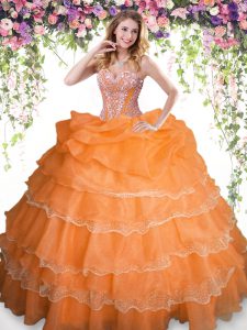 Custom Designed Pick Ups Ruffled Orange Sleeveless Organza Lace Up 15 Quinceanera Dress for Military Ball and Sweet 16 and Quinceanera