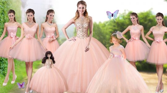 Classical Sleeveless Floor Length Beading Lace Up 15 Quinceanera Dress with Peach