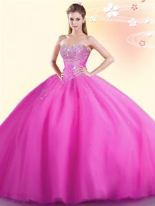 Ball Gowns Quince Ball Gowns Hot Pink Sweetheart Tulle Sleeveless Floor Length Lace Up