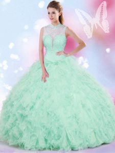 Beauteous Sleeveless Tulle Floor Length Lace Up Quinceanera Dresses in Apple Green with Beading and Ruffles