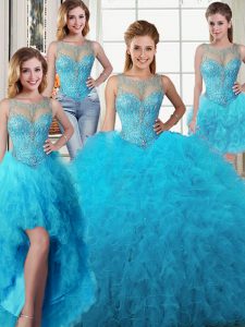 Four Piece Scoop Floor Length Ball Gowns Sleeveless Baby Blue Sweet 16 Quinceanera Dress Lace Up