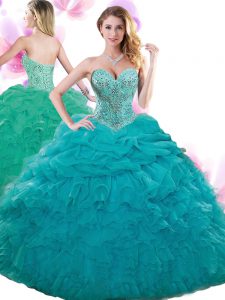 Decent Floor Length Teal Quinceanera Gowns Organza Sleeveless Beading and Ruffles and Pick Ups