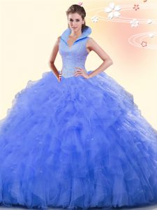 Dynamic High-neck Sleeveless Backless Ball Gown Prom Dress Blue Tulle