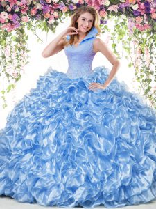 High Quality Blue Organza Backless High-neck Sleeveless Floor Length 15 Quinceanera Dress Beading and Ruffles