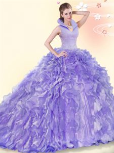 Sexy Sleeveless Organza Brush Train Backless Quinceanera Gowns in Lavender with Beading and Ruffles