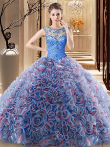 Superior Scoop Sleeveless Brush Train Lace Up Quinceanera Dress Multi-color Fabric With Rolling Flowers