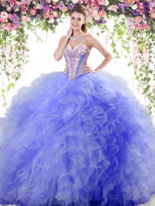 Blue Tulle Lace Up Sweet 16 Dresses Sleeveless Floor Length Beading and Ruffles