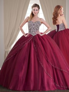 With Train Lace Up Vestidos de Quinceanera Burgundy for Military Ball and Sweet 16 and Quinceanera with Beading Brush Train