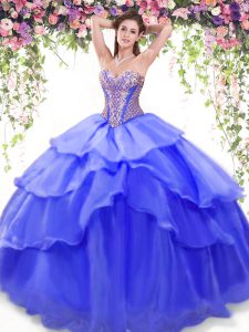 Comfortable Sleeveless Floor Length Beading and Ruffled Layers Lace Up 15th Birthday Dress with Blue