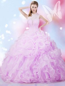 High-neck Sleeveless Organza Quince Ball Gowns Beading and Ruffles and Pick Ups Lace Up