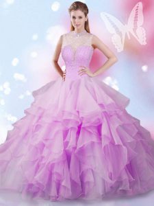 Great Lilac High-neck Neckline Beading and Ruffles Party Dress Wholesale Sleeveless Lace Up