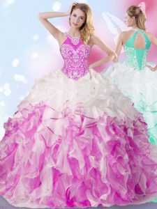Excellent Halter Top Multi-color Organza Lace Up Quinceanera Gown Sleeveless Floor Length Beading and Ruffles and Pick Ups