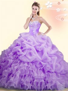 Amazing Lilac Organza Lace Up Sweetheart Sleeveless With Train Quinceanera Dress Brush Train Beading and Ruffles and Pick Ups