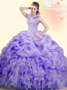 Superior Lavender Sleeveless Beading and Ruffles and Pick Ups Backless Quince Ball Gowns