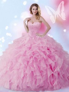 Fancy Ball Gowns Quinceanera Gown Rose Pink Sweetheart Organza Sleeveless Floor Length Lace Up