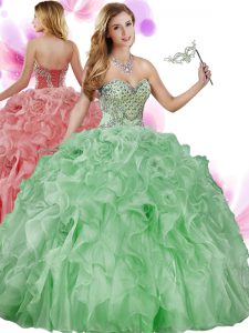 Sleeveless Floor Length Beading and Ruffles Lace Up Sweet 16 Dresses with Green