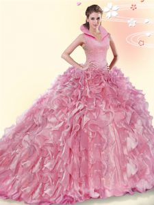 Admirable Backless High-neck Sleeveless Ball Gown Prom Dress Brush Train Beading and Ruffles Pink Organza