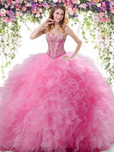 Rose Pink Ball Gowns Tulle Sweetheart Sleeveless Beading and Ruffles Floor Length Lace Up Quince Ball Gowns