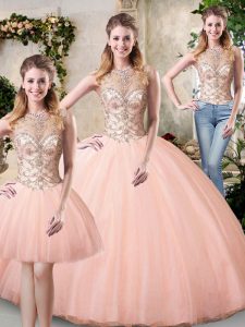 Beauteous Peach Lace Up Scoop Beading 15 Quinceanera Dress Tulle Sleeveless
