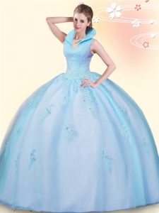 Baby Blue Sweet 16 Dresses Military Ball and Sweet 16 and Quinceanera and For with Beading and Appliques High-neck Sleeveless Backless