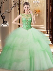 Apple Green Lace Up Scoop Beading and Ruffled Layers Ball Gown Prom Dress Tulle Sleeveless Brush Train