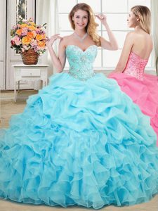 Aqua Blue Sleeveless Beading and Ruffles and Pick Ups Floor Length Sweet 16 Dress