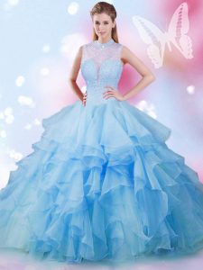 Elegant Baby Blue Tulle Lace Up Sweet 16 Quinceanera Dress Sleeveless Floor Length Beading and Ruffles